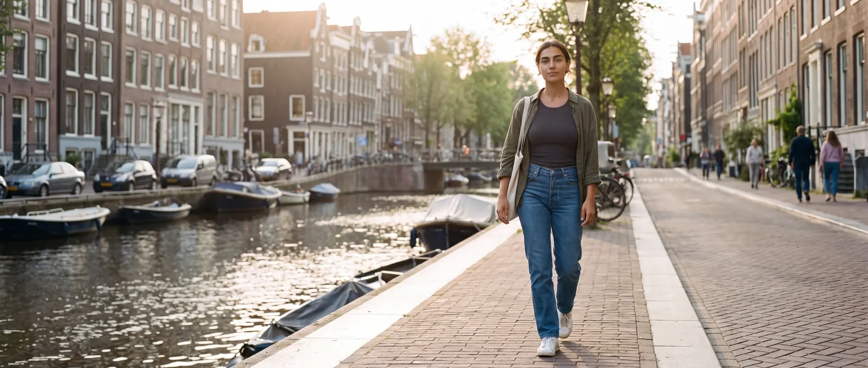 Een jonge vrouw loopt langs een Amsterdamse gracht in het late middaglicht