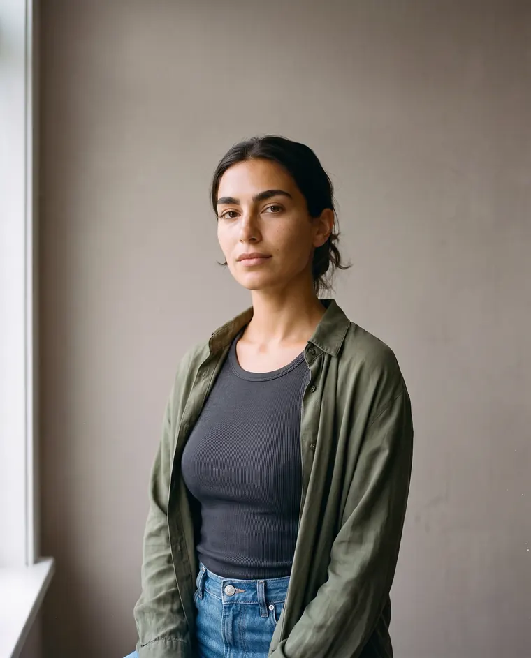 Portret van een jonge vrouw tegen een warme grijze muur in zacht daglicht
